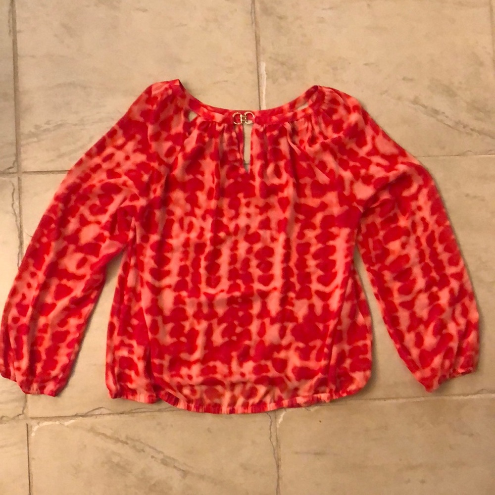 Ladies Sheer Print Blouse jewel Neck Elastic Cuff and Bottom Blouson